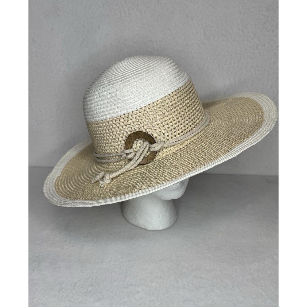 Panama Jack Wide Floppy Brim Straw Polyester Sun Hat Beige White Beach Pool New